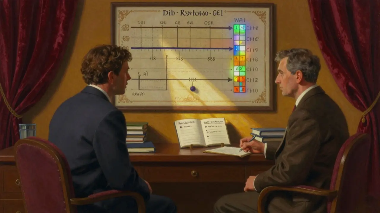 Psycholog a pacient diskutují o měřitelných ukazatelích změny v klinickém prostředí s detailními chartami.