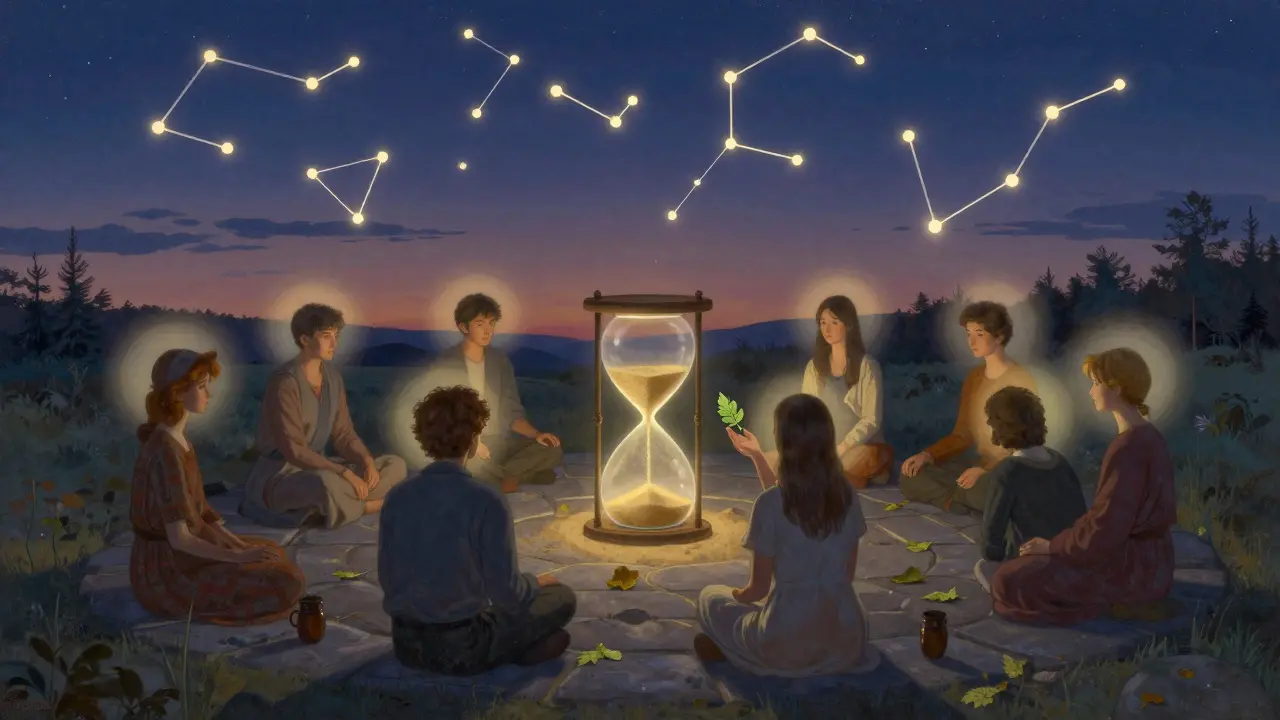 Skupina lidí v kruhu pozoruje myšlenky jako světélkující listy, které se vznášejí do nebe.