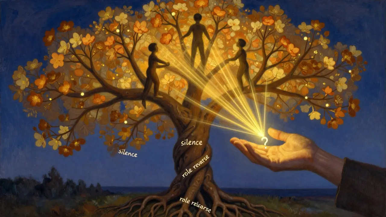 Symbolické rodinné stromy s kořeny z ticha a povinností, z nichž vyrůstají květy změny z jednoduchého otázky.