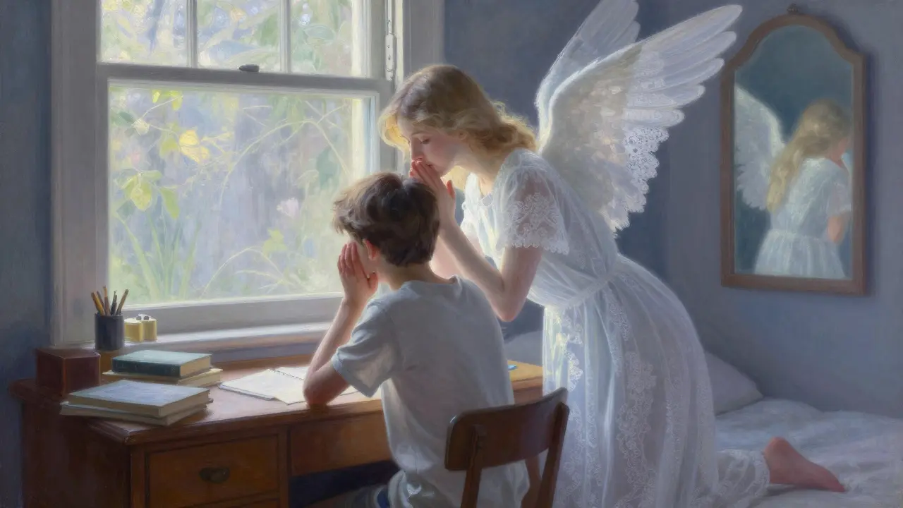 Teenager sedí v pokoji, zrcadlo ukazuje rodiče, jak by chtěli být – klidní a naslouchající, v jemném ranním světle.