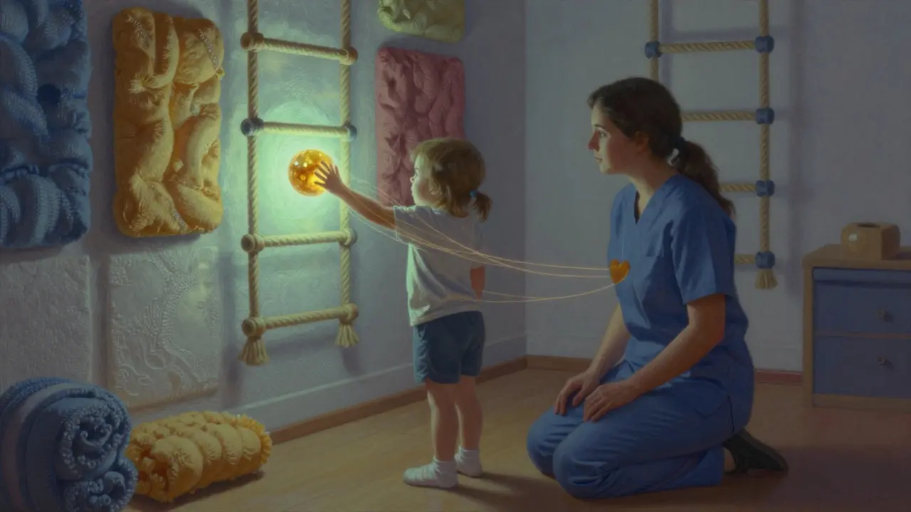 Terapeut a dítě spolu v senzorické místnosti, dítě se dotýká zlaté koule, kolem nich jsou texturované povrchy a houpačky.
