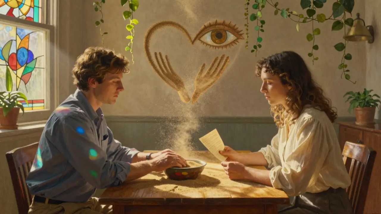 Terapeut a klient sedí u stolu, kde písek a sluneční paprsky symbolizují bezpečí a zpracování trauma.