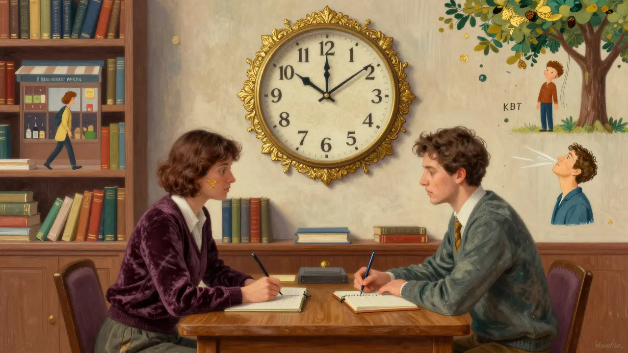 Terapeut a klient spolu hovoří v kanceláři, kolem nich jsou ilustrované aktivity KBT s detailními dekorativními prvky.