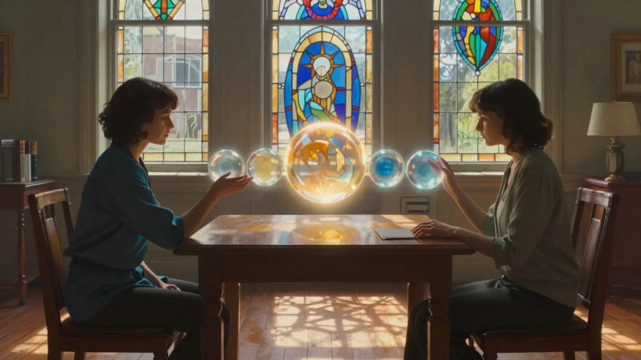 Terapeut a pacient spolu v pokoji s plavajícími kruhy reprezentujícími stupně strachu.