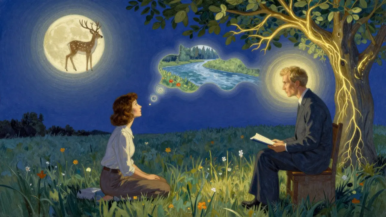 Terapeut a pacient v měsíčném louce, kde myšlenky převzaly tvar zvířat a potoka.