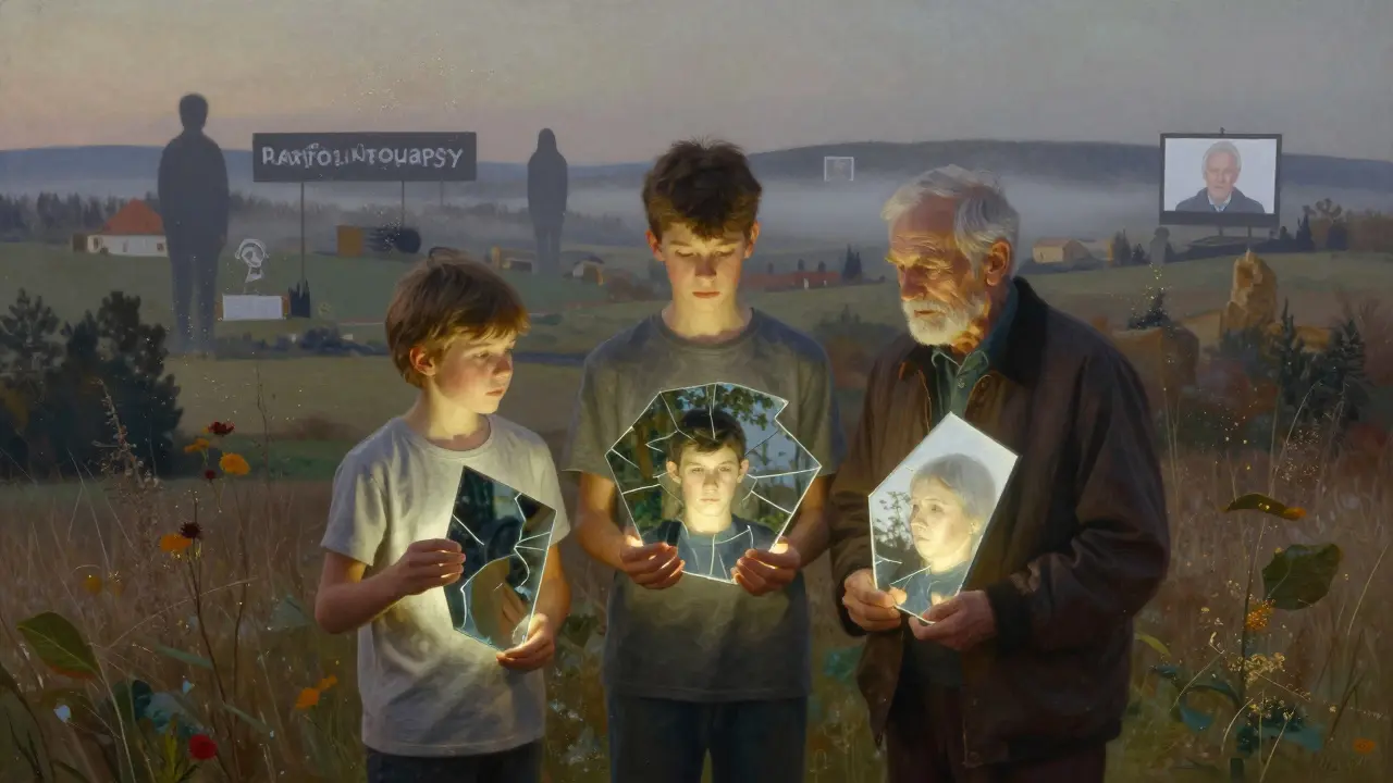 Tři postavy různých věků stojí v kruhu, drží zlomená zrcadla, která odrazují cestu k uzdravení.