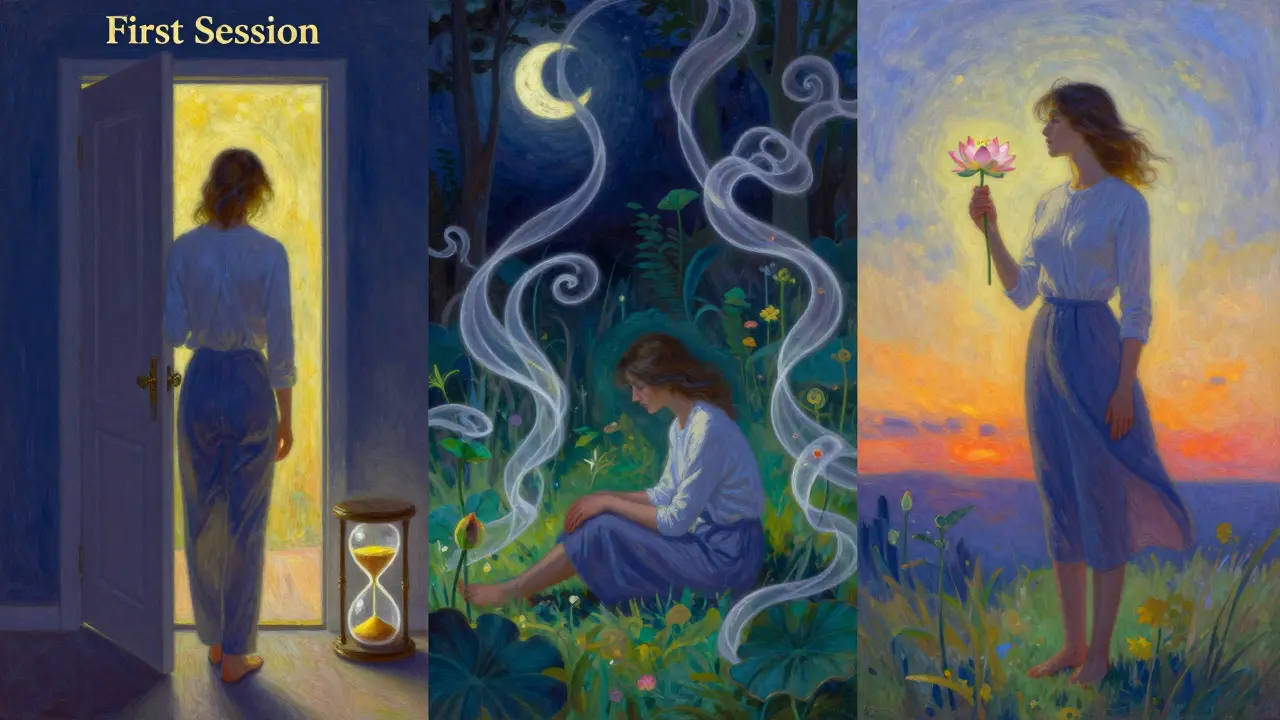 Tři scény terapie: začátek, hloubka a přeměna, vše v dreamy stylu.