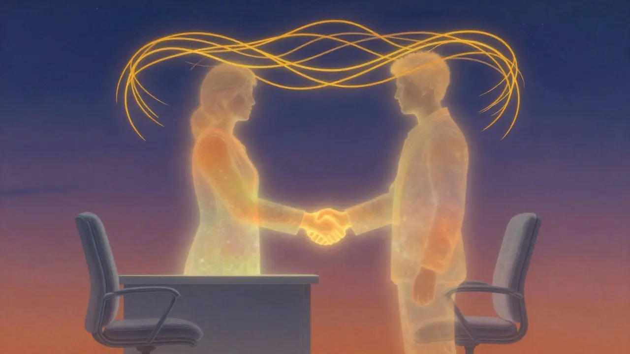 Tři úrovně terapeutického vztahu: struktura, spojení a přenos, zobrazené jako luminózní vrstvy.