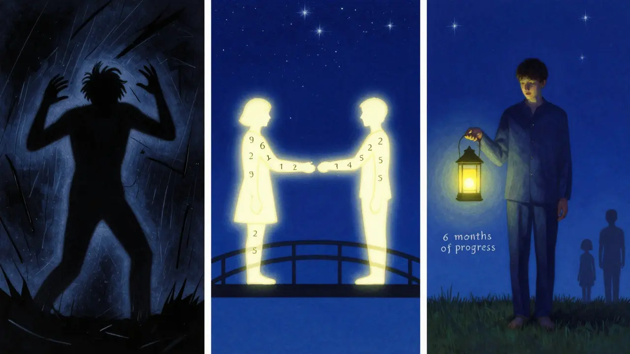 Triptych znázorňující cestu od chaosu přes stabilizaci k pokroku v klidném, luminózním prostředí.