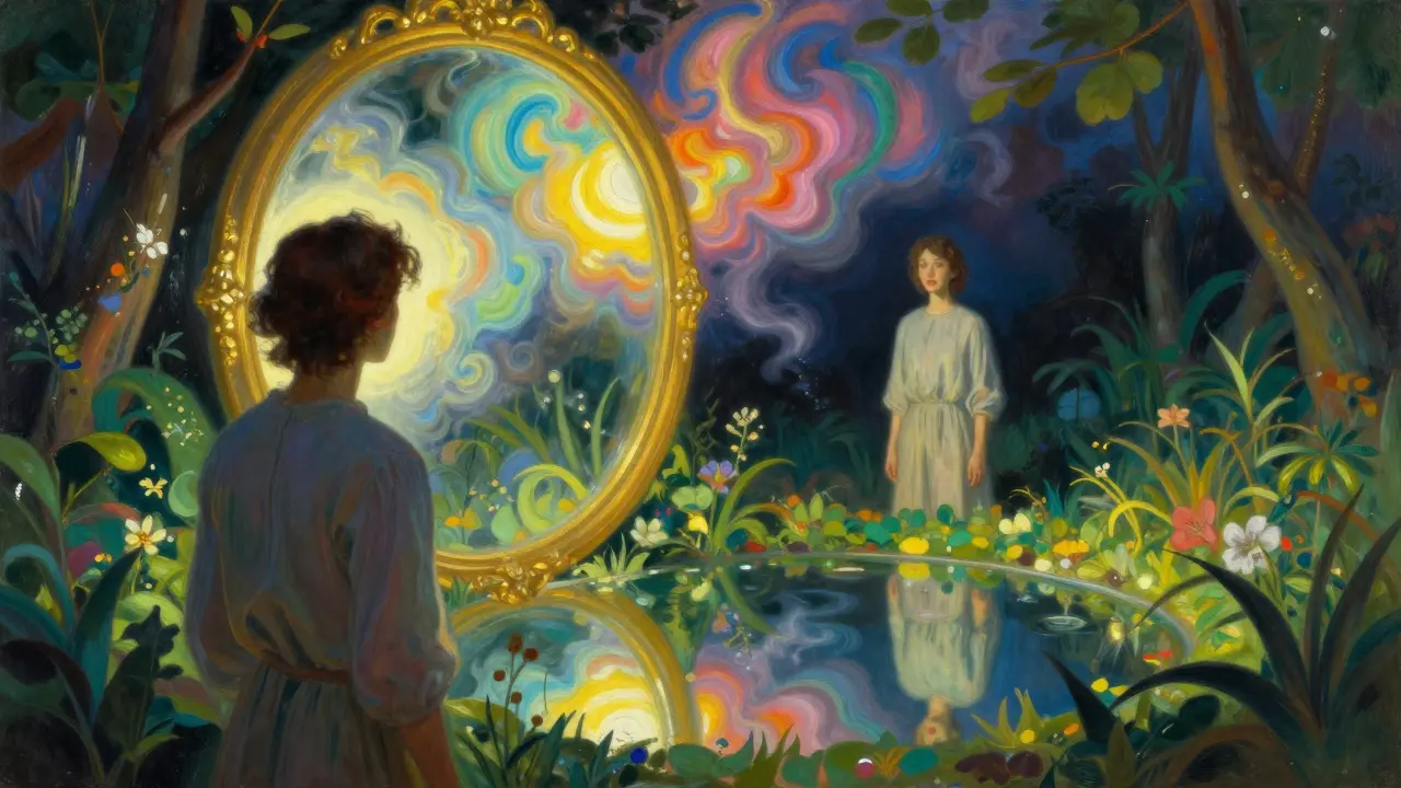 Člověk pozorující své emoce jako barevné mraky v zrcadlové hladině vody.