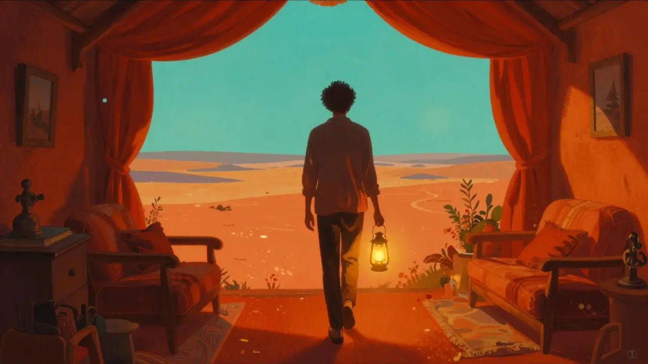 Člověk s lucernou odchází z bezpečí do světa, symbolizující úspěšný konec terapie.