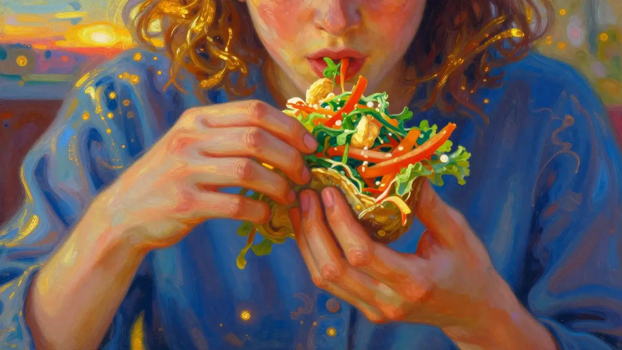 Detail rukou s potravinou obklopený barevnými aureoly symbolizující vnímání chutí.