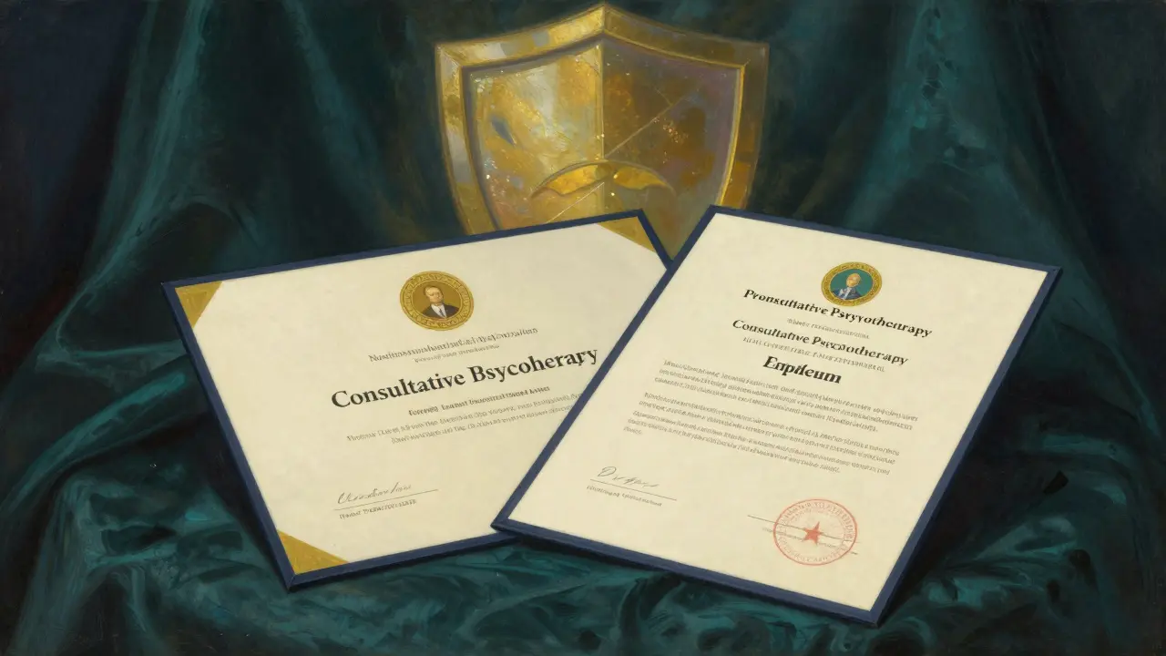 Diplom a certifikát symbolizující kvalifikaci a bezpečnost psychoterapeuta.