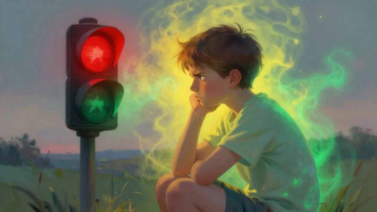 Dítě se učí regulovat emoce pomocí barev semaforu v snové atmosféře.