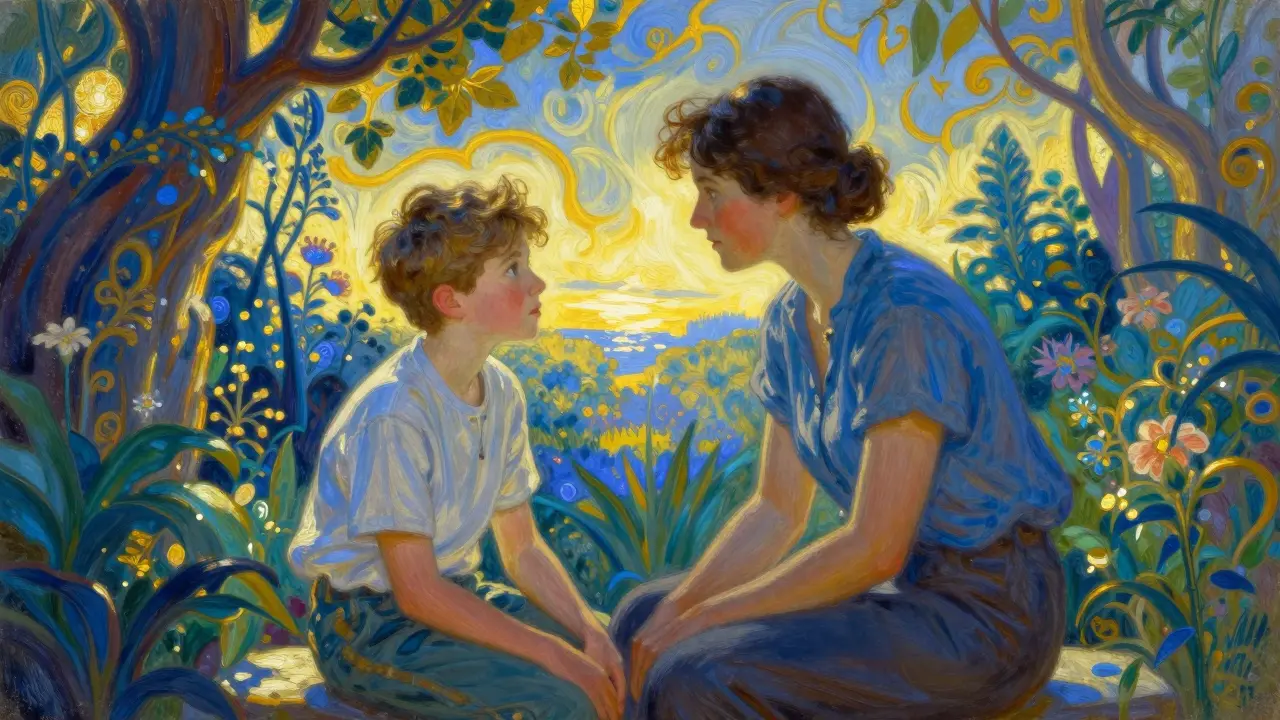 Dospělý a teenager v barevné zahradě v gestu podpory a důvěry.