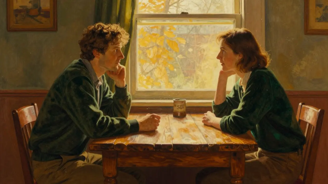 Dvě osoby v klidném rozhovoru u stolu v teplém, zlatavém světle.