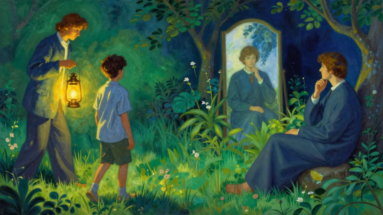 Ilustrace znázornující rozdíl mezi vedením terapeuta a zrcadlovým přístupem v zahradě.