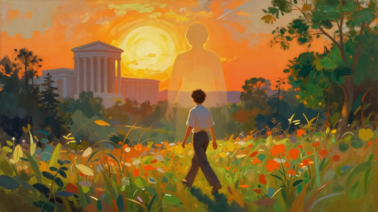 Klidná osoba v slunečné krajině s pomalu mizící siluetou terapeuta v pozadí.