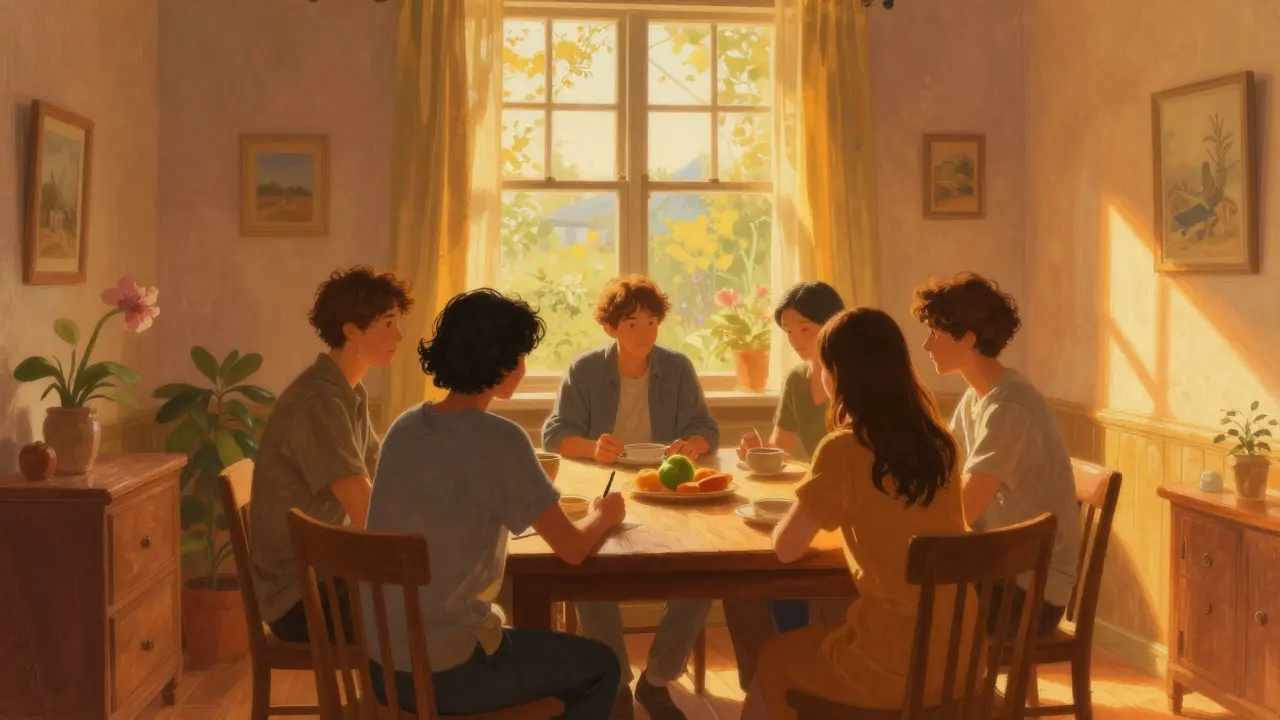 Klidná rodinná scéna u stolu v teplém světle symbolizující podporu a uzdravení.