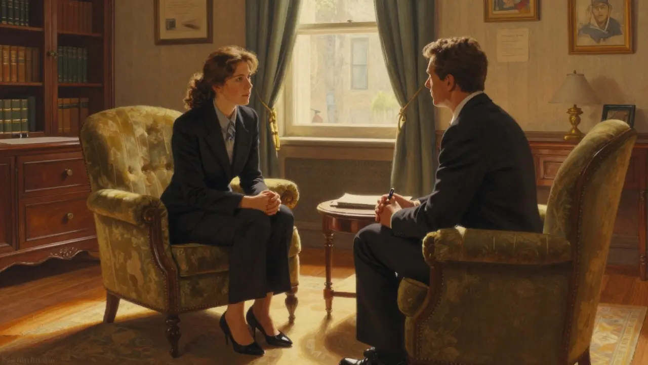 Klient a terapeut probírají své náhodné setkání během sezení v ordinaci.