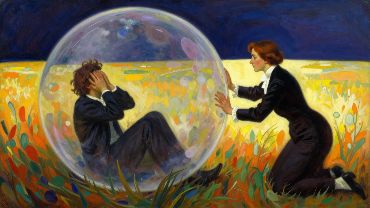 Kresba člověka v bublině bezpečí, kterou terapeut pomáhá rozbít.