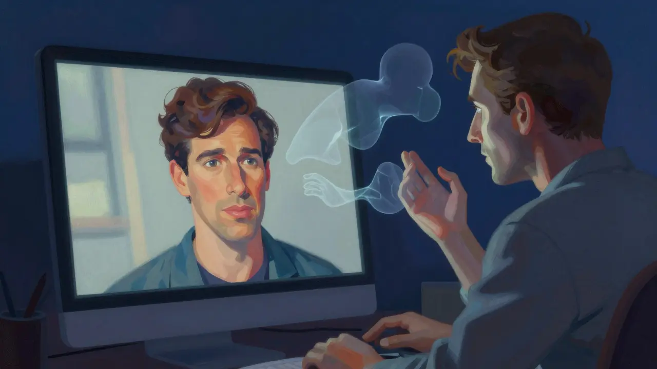 Kresba obrazovky s terapeutem a průsvitnými symboly chybějící řeči těla.