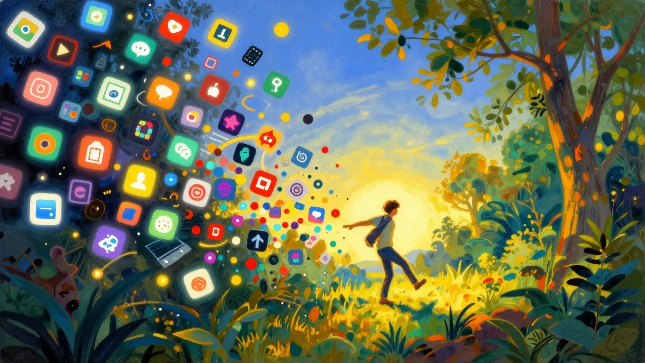 Kresba přechodu od digitálního chaosu k klidu v přírodě.