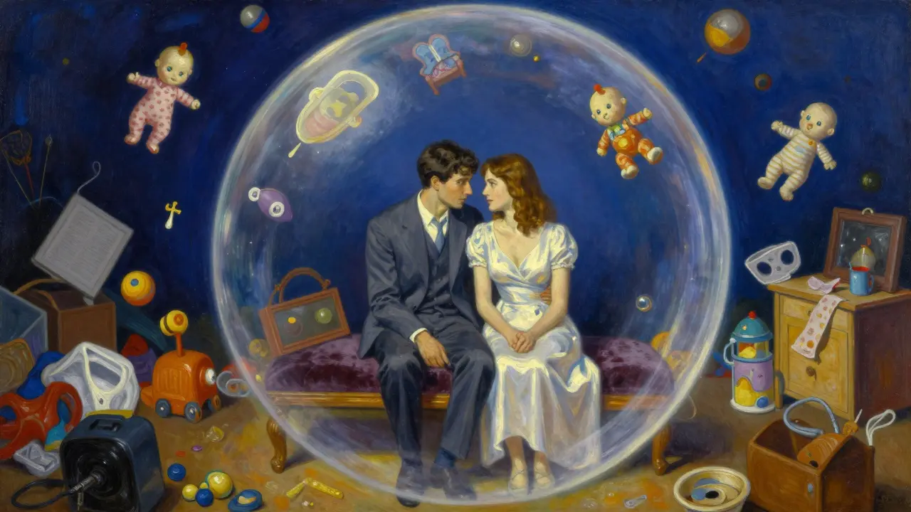 Manžel a manželka v zářící ochranné bublině, oddělení od chaosu péče o dítě.