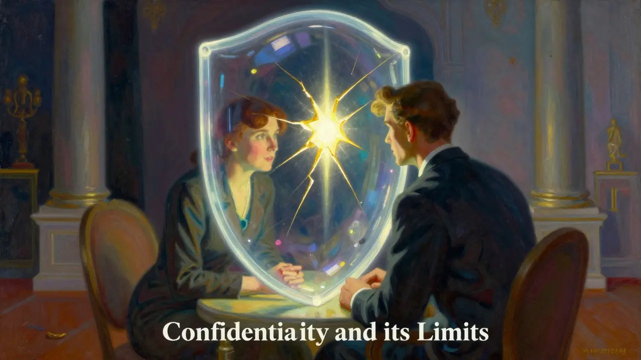 Metaforické znázornění důvěrnosti a jejích zákonných limitů v terapii.