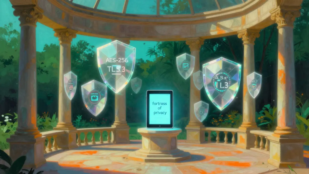 Metaforické znázornění ochrany dat a šifrování v podobě světelných štítů.