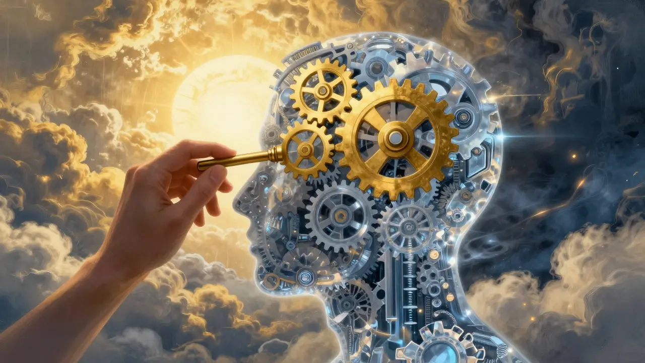 Metaforické zobrazení změny v mysli s přechodem od temnoty k zlatému světlu.