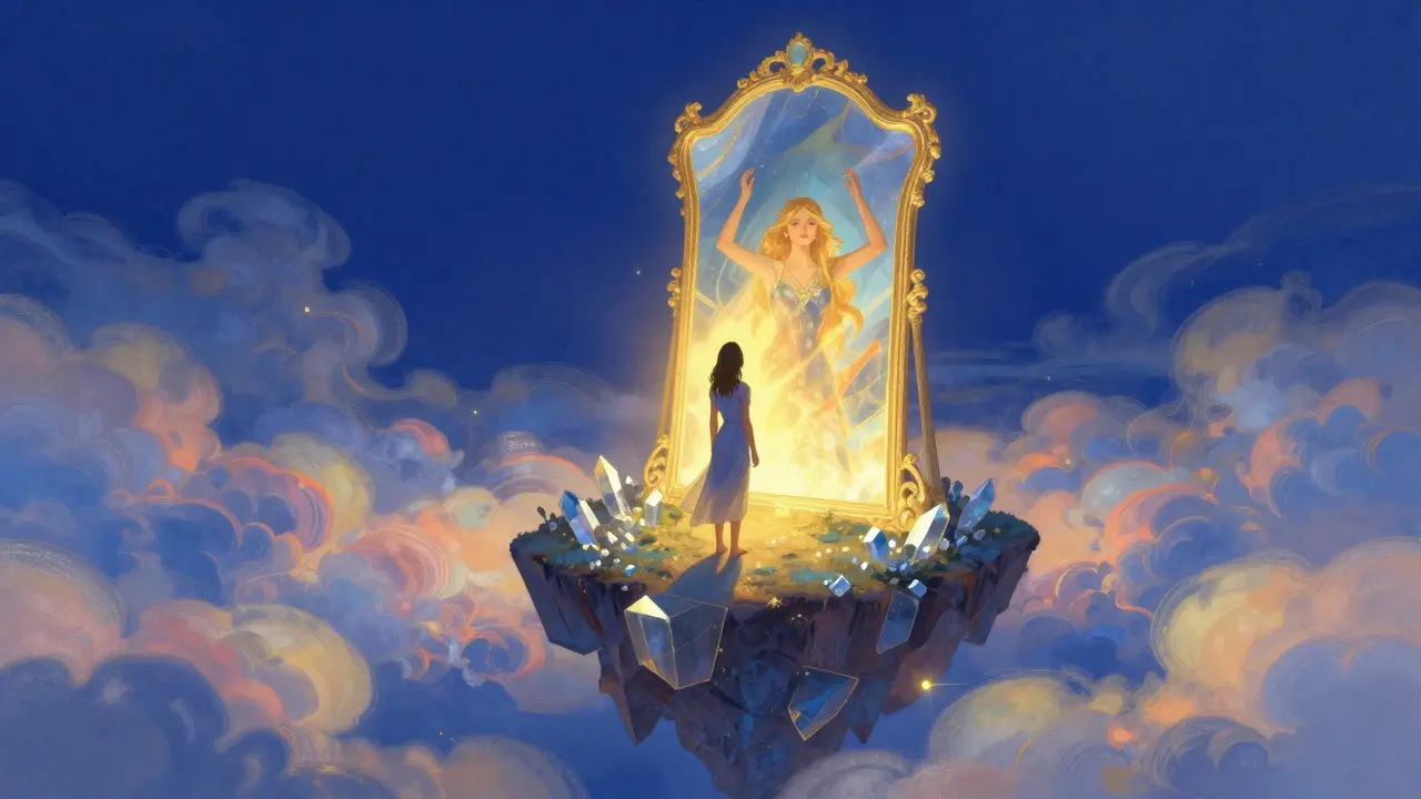 Osoba hledí do magického zrcadla, které odráží její plný a sebevědomý potenciál.