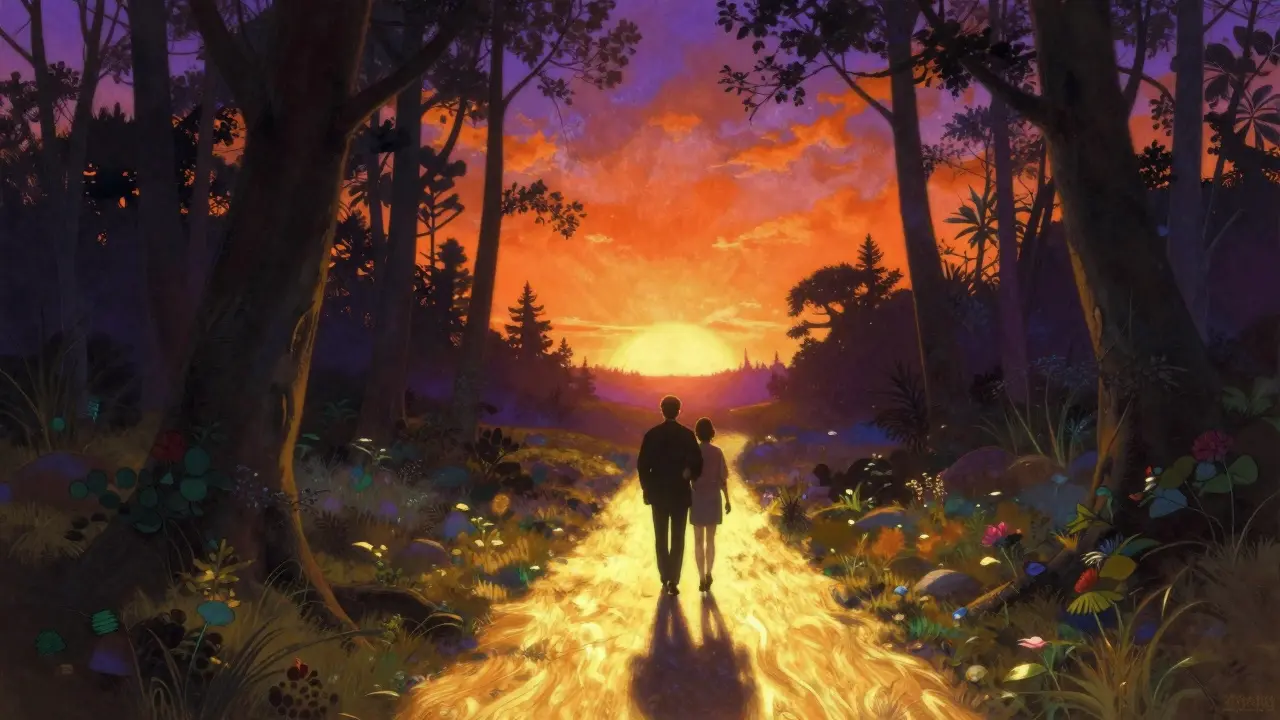 Osoba kráčející po zlaté cestě k jasnému obzoru s doprovodem.