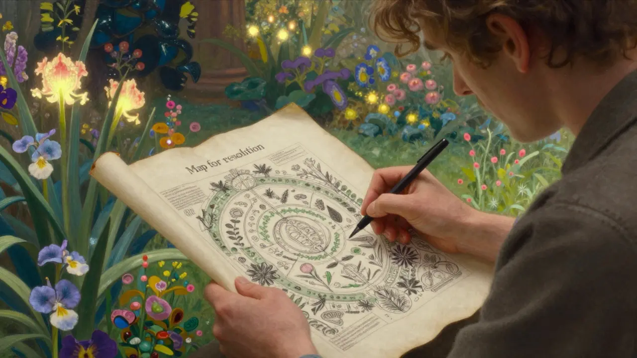 Osoba kreslící mapu v magické zahradě, představující zafixování terapeutických nástrojů.