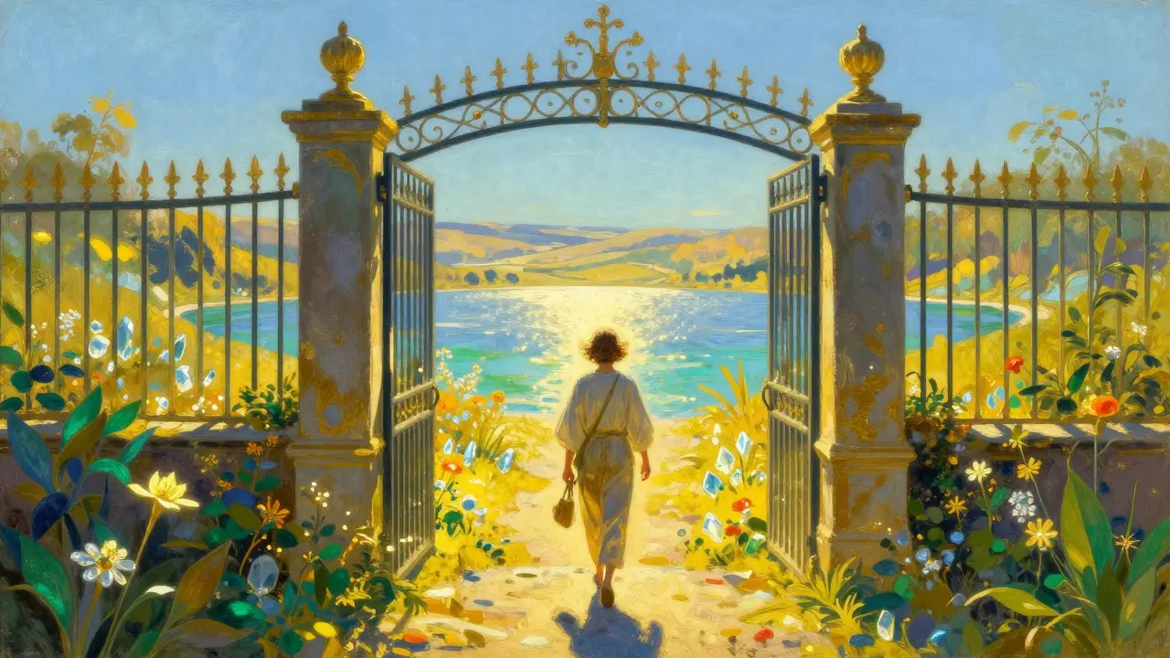 Osoba odchází od železné brány do slunečního údolí symbolizující osvobození a autonomii.