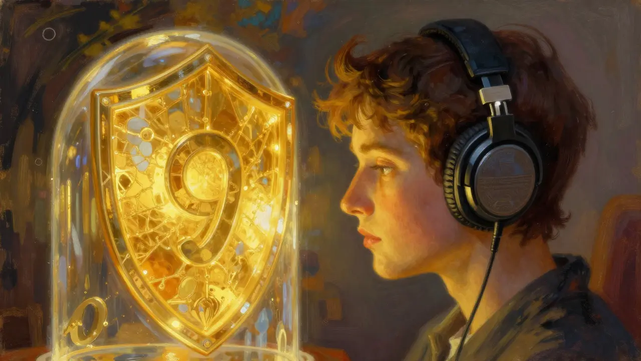 osoba v sluchátkách chráněná symbolickým zlatým štítem soukromí