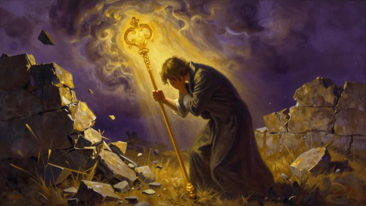 Postava drží zlatou hůl v dramatické krajině symbolizující emoční stres a závislost.