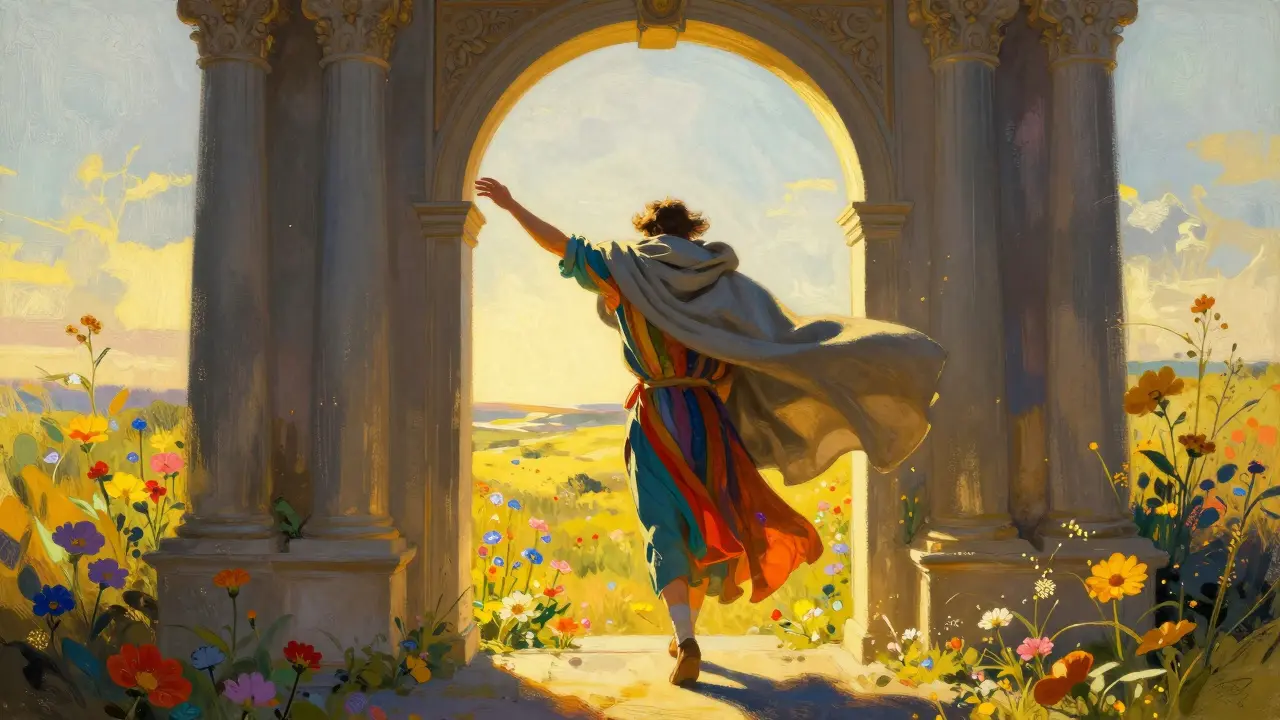 Postava opouštějící stín a vstupující do jasného světla jako symbol autenticity.