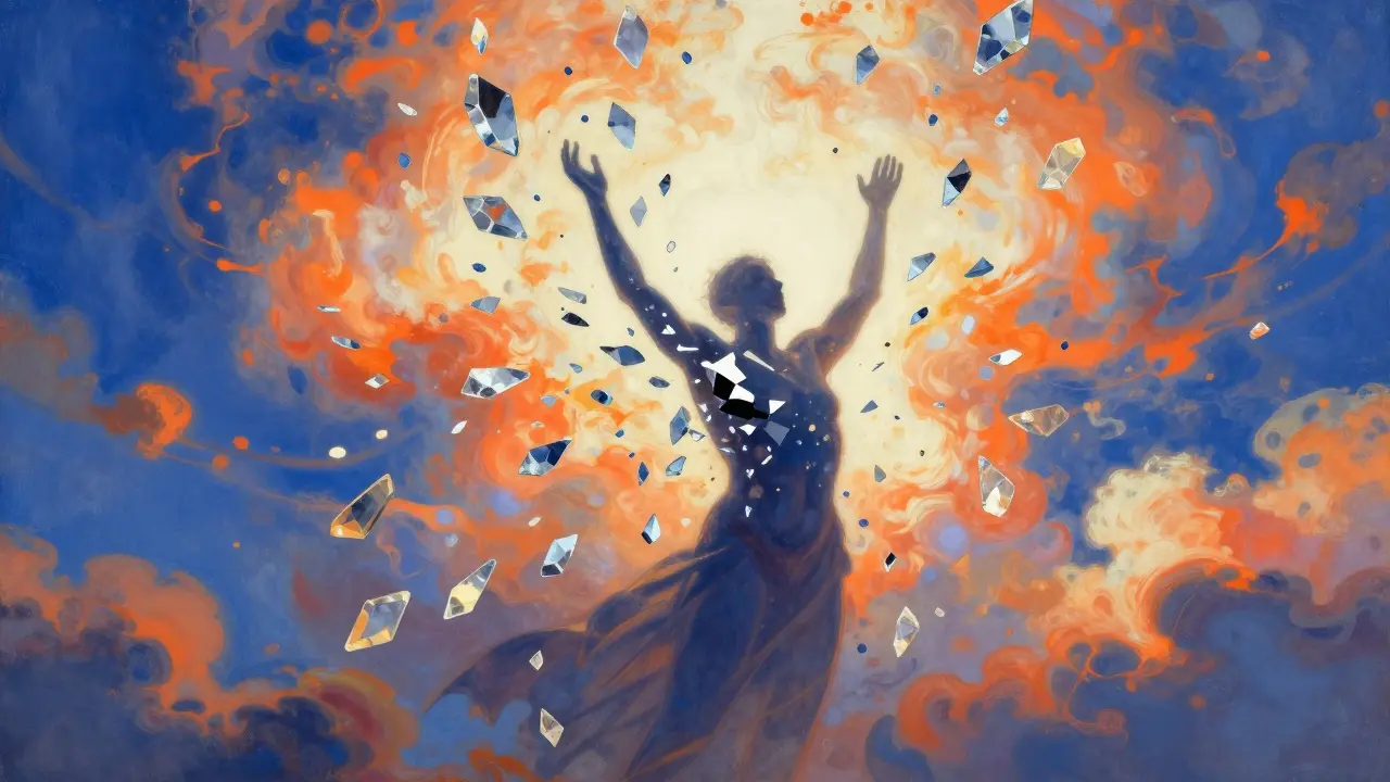 Postava se osvobozuje z krystalického pláště do barevné, svítící oblohy.