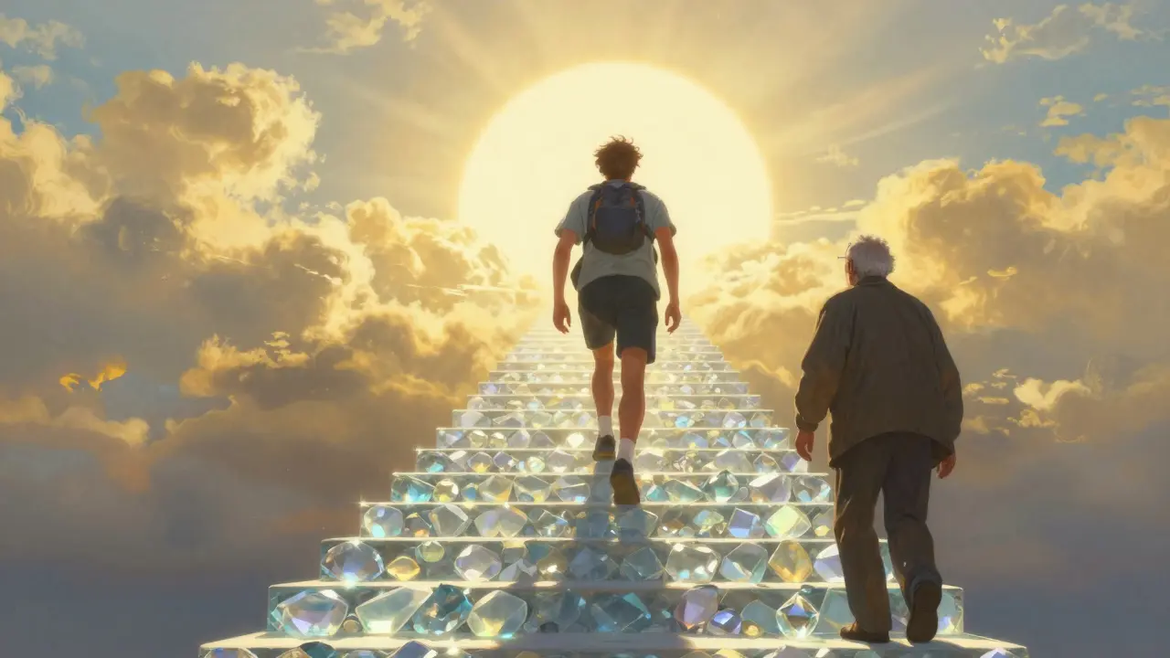 Postava stoupá po světelném schodišti k jasnému horizontu doprovázena průvodcem.