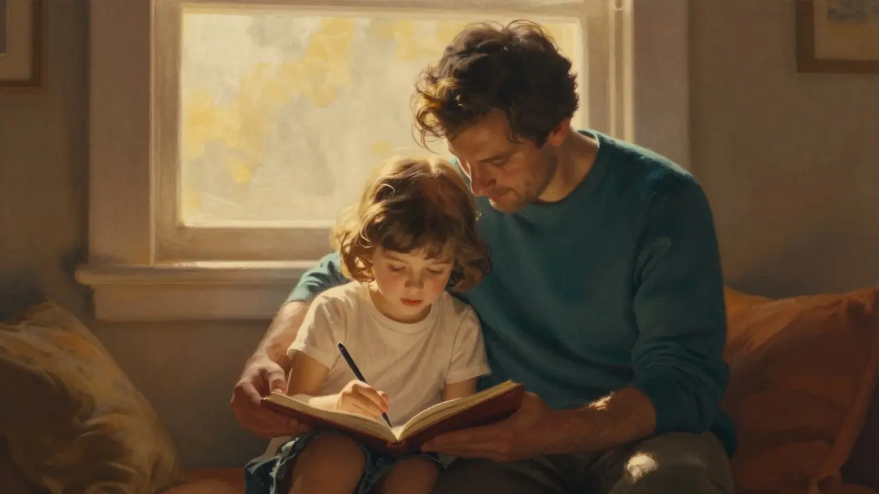 Rodič a dítě v náručí v teplém, zlatavém světle během společné aktivity.