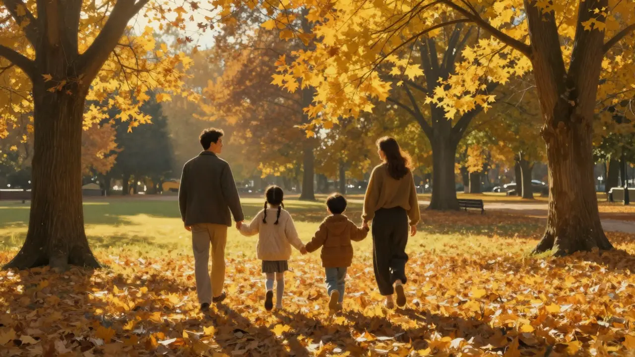 Rodina společně tráví čas v podzimním parku v teplém světle.