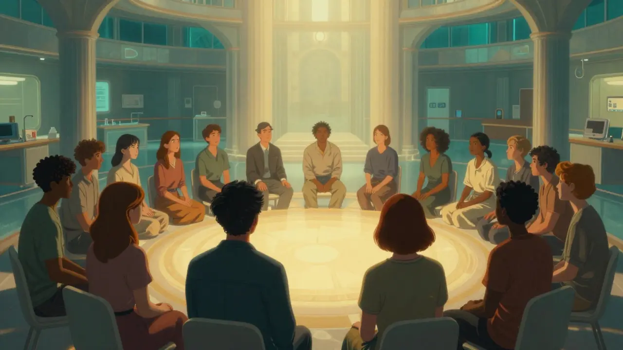 Skupina lidí v kruhu v zářivém, hřejivém prostoru.