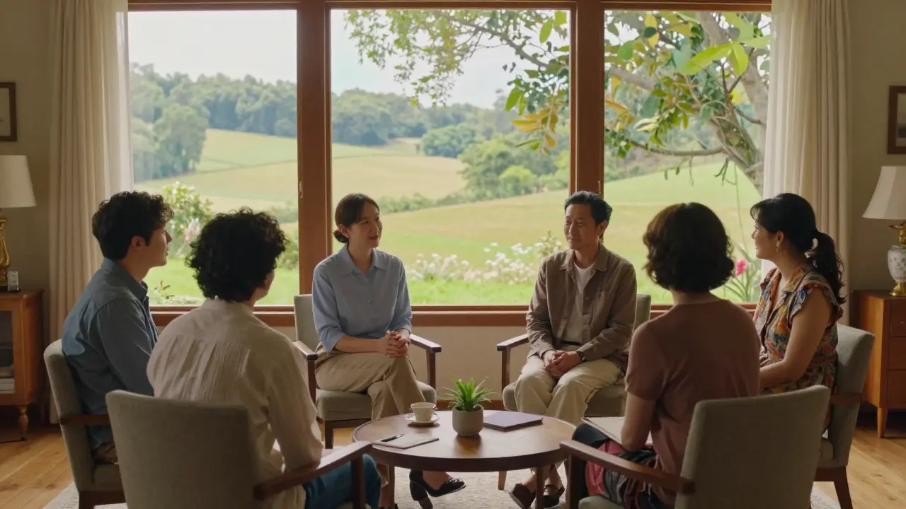 Skupina lidí v útulné, sluncem proseté místnosti sdílí zkušenosti v rámci podpory.