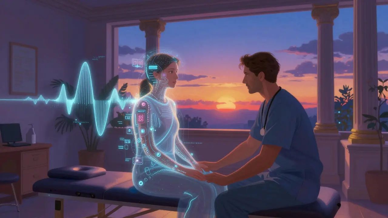 Snová scéna kombinující osobní terapii s digitálními vlnami AI v zářivých barvách.