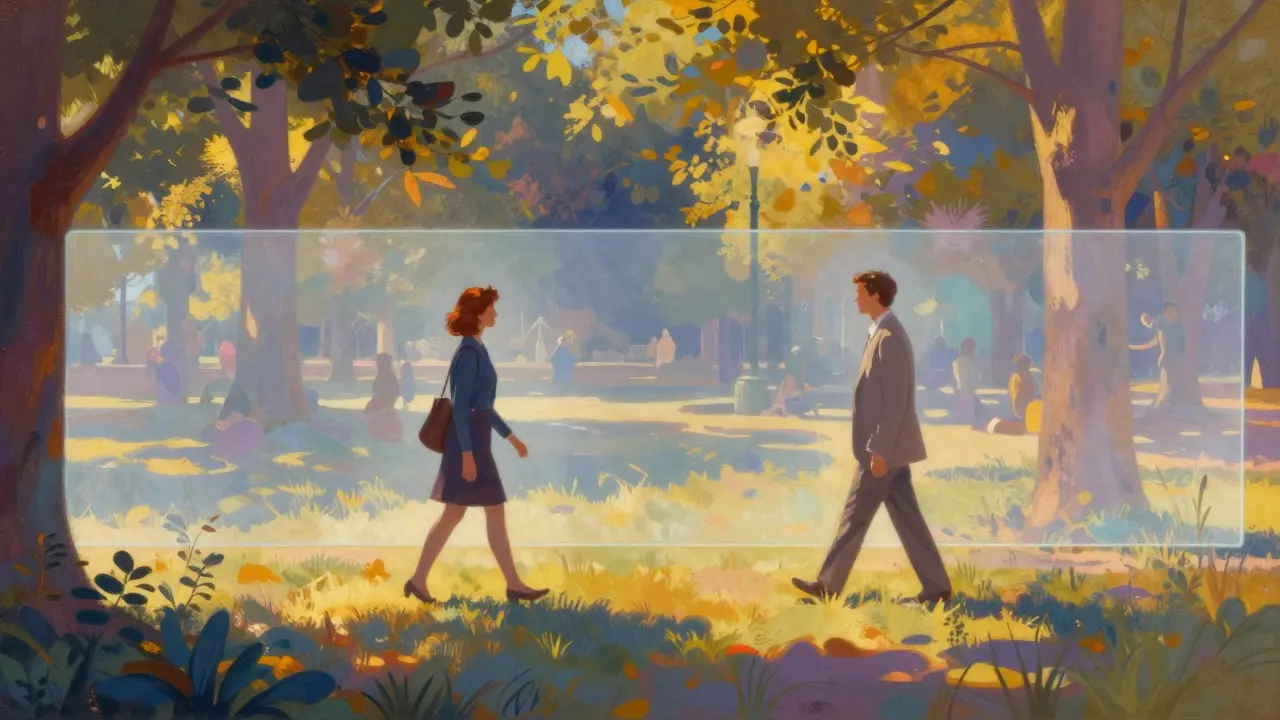 Symbolická záře oddělující klienta a terapeuta při setkání v parku.