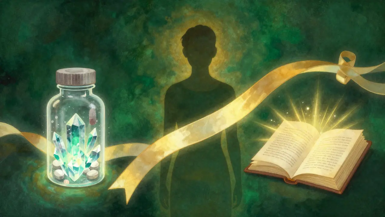 Symbolické znázornění kombinace léků, terapie a psychoedukace v snovém stylu.