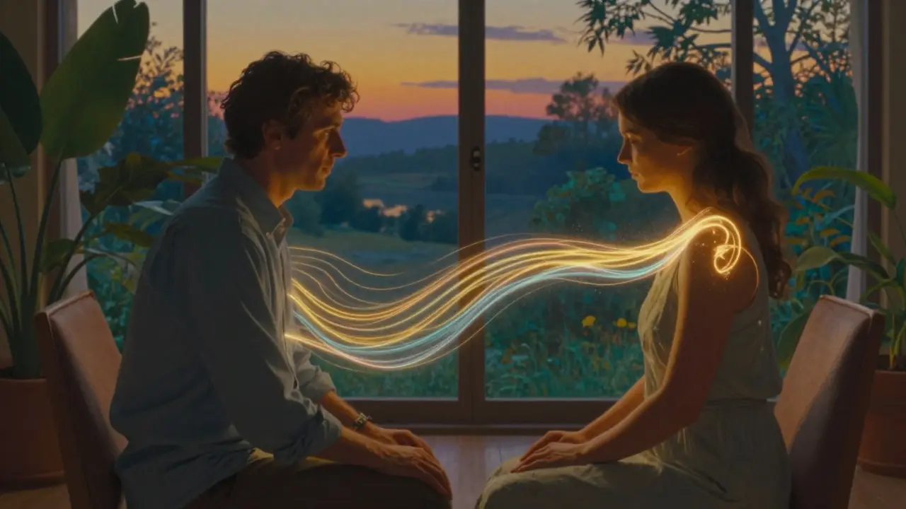 Terapeut a klient v laskavém světle s viditelným energetickým propojením.