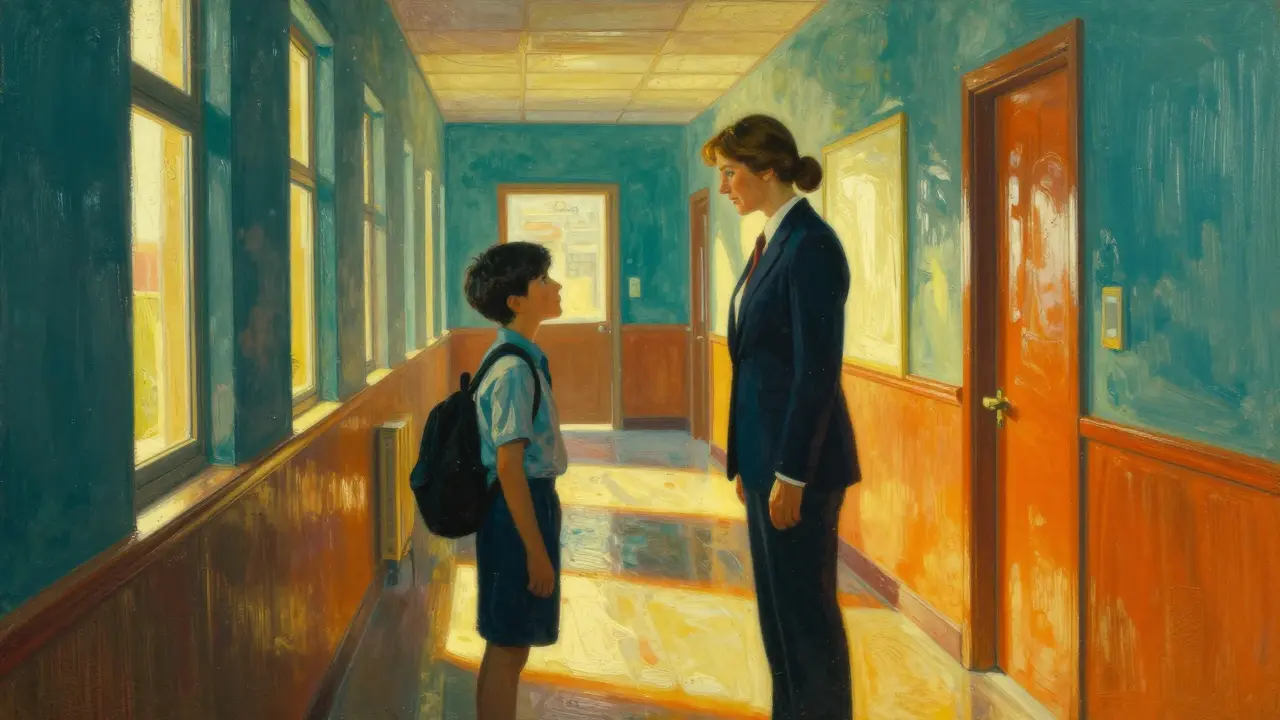 Učitel a student v zářivě osvětlené školní chodbě.