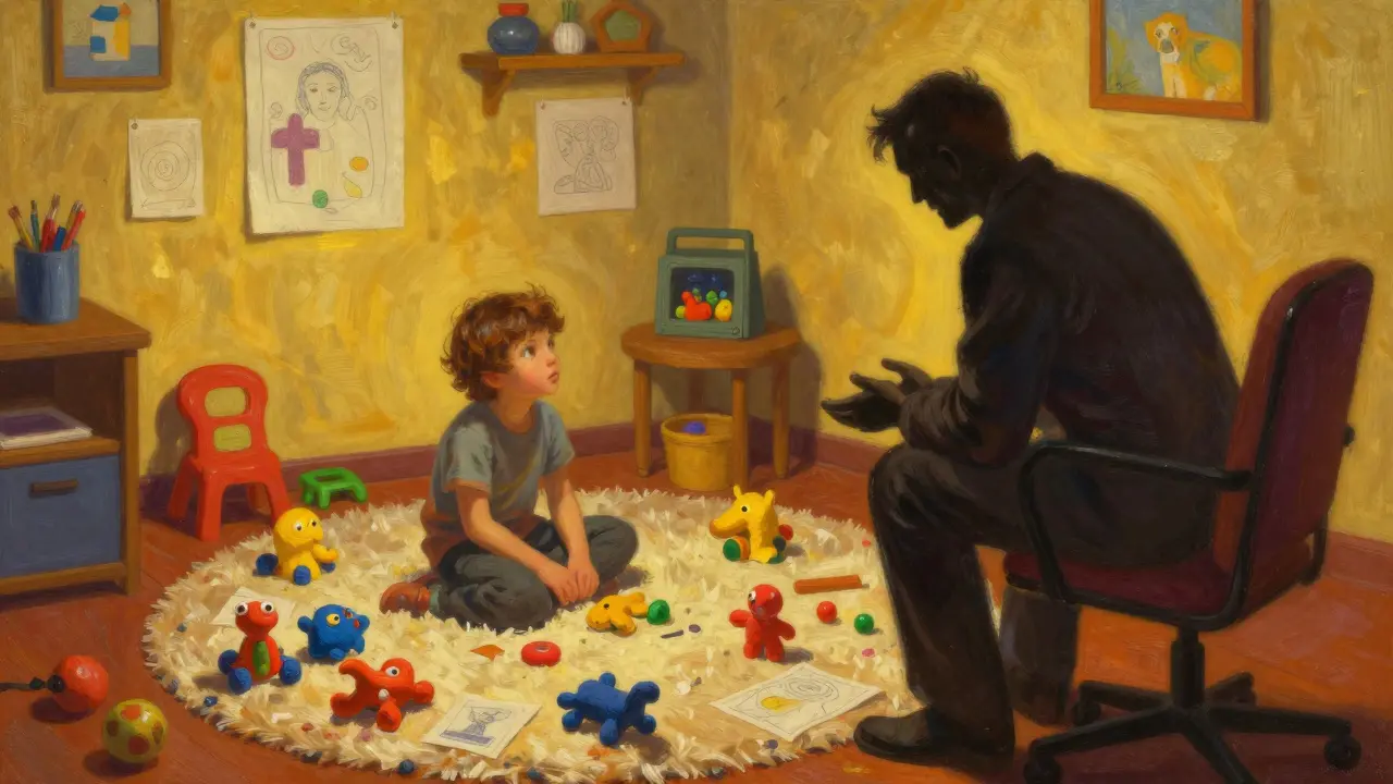 Dítě v bezpečné terapii s hračkami ve stylu Maxfielda Parrisha